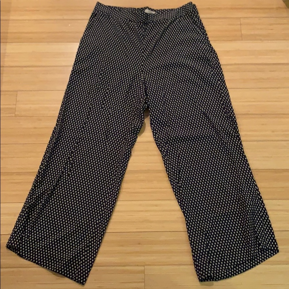 Navy and white polka dot wide leg pants